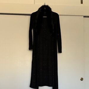 White House Black Market Long Black Cardigan with Faux Fur Collar